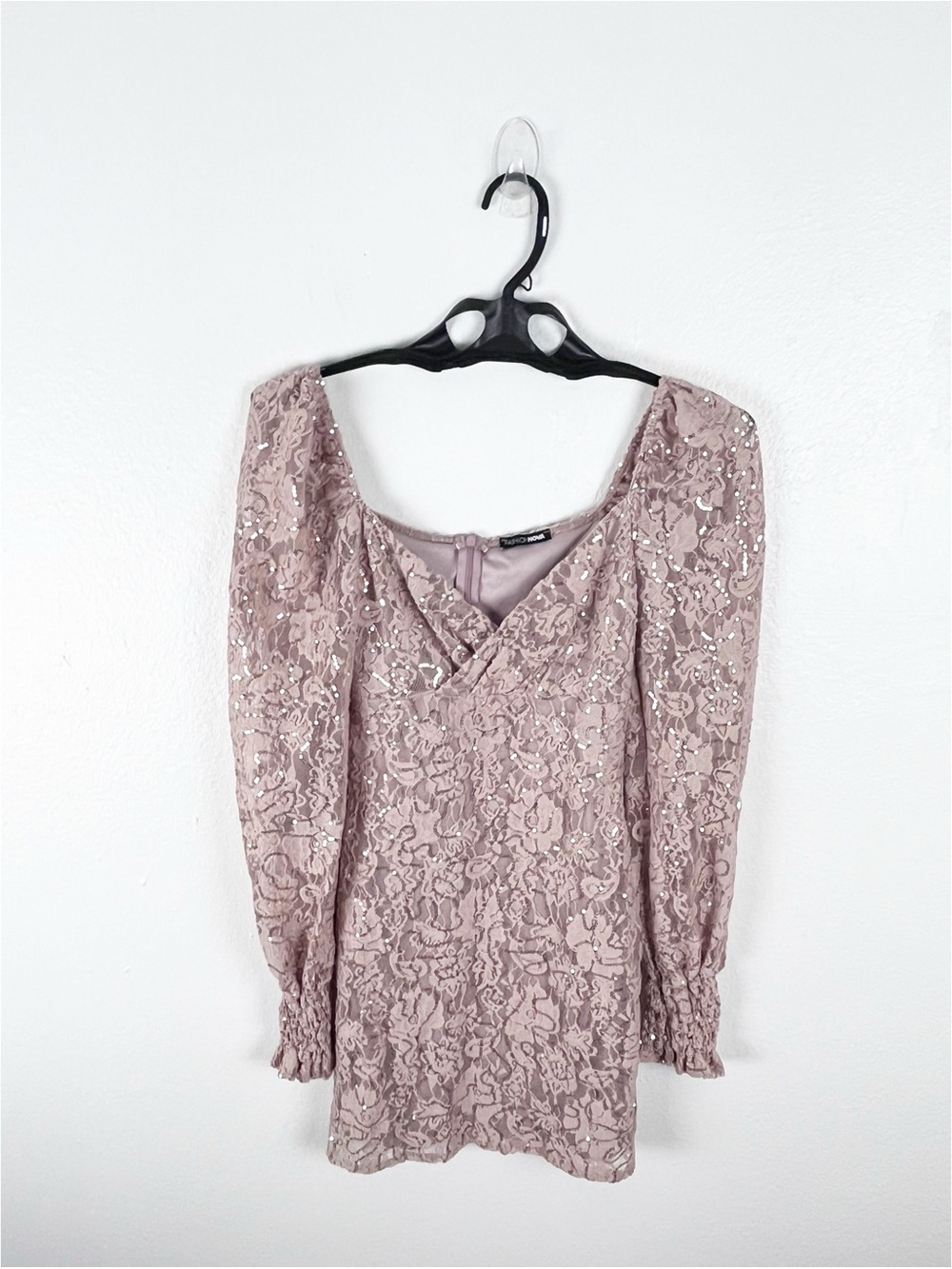 FASHION NOVA Rose Gold Lace Sequins V-Neck Long Puff Sleeves Mini Dress Small
